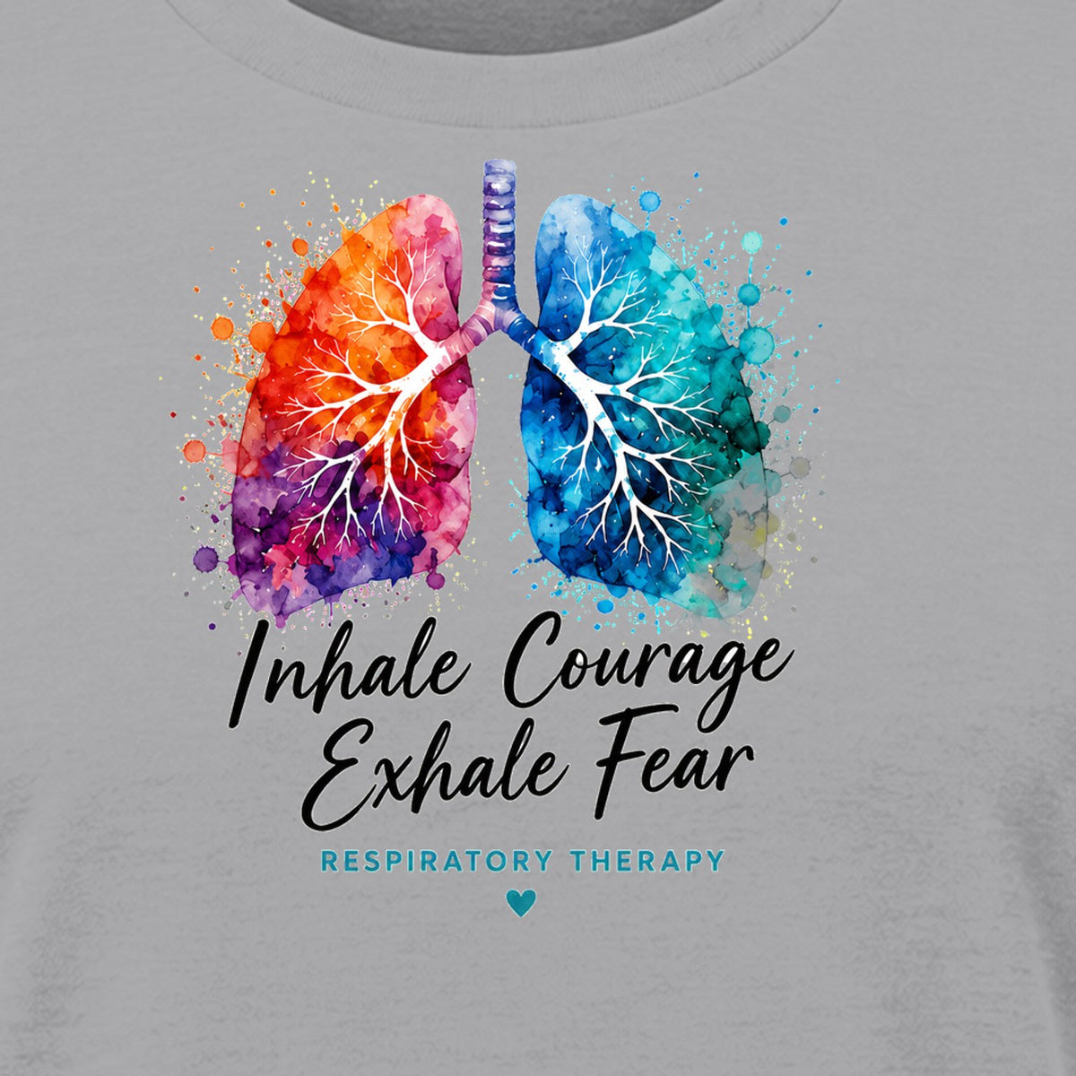 Inhale Courage Exhale Fear shirt in Athletic Heather, close-up of the print